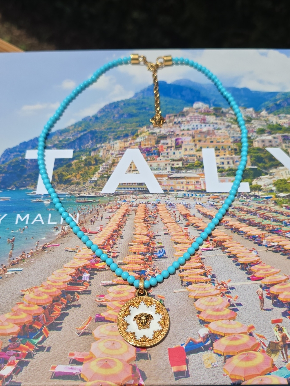 Versace Turquoise Beaded Necklace with Gold Medallion